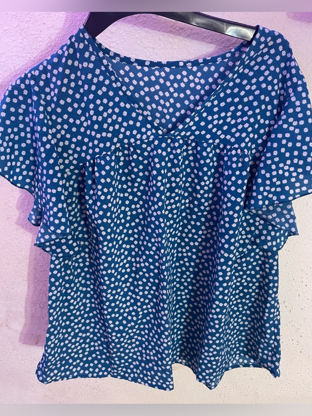 SHEIN Blue Floral V Neck Blouse Top